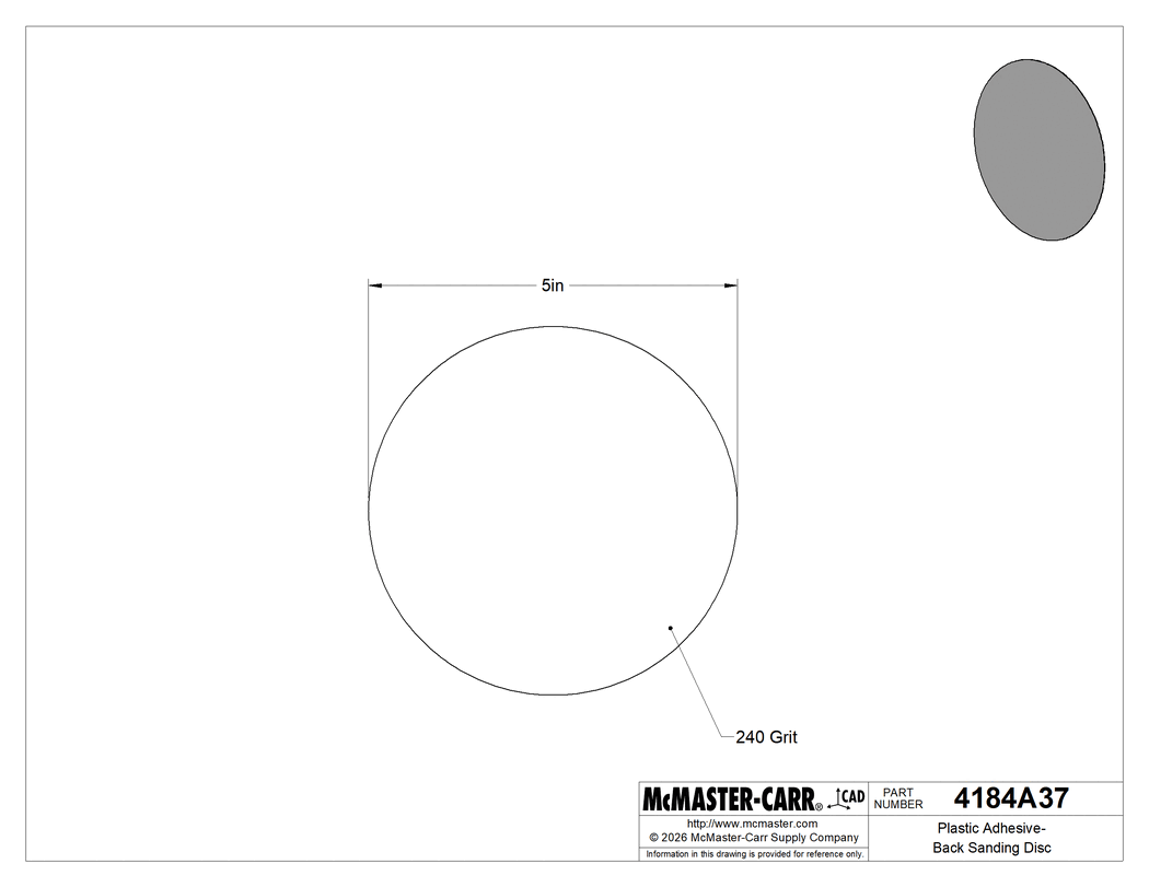 Technical Drawing of Plastic Adhesive-Back Sanding Disc, for Extra Smooth Finish, 5" Diameter, 240 Grit.